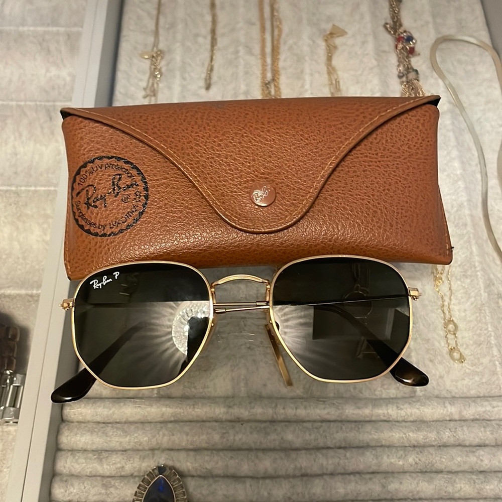 Hexagonal Polarized RayBan sunglasses. Standard size. Worn once.